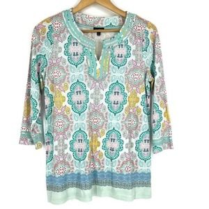 Talbots Tunic Top Size Mp Blouse‎ Paisley Print Knit Cotton 3/4 Sleeve Shirt